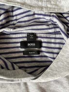 HUGO BOSS Men’s Slim Fit Gray Pullover Mock Hoodie Blue Lined Size LARGE